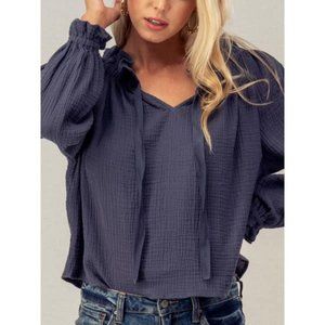 Navy Smocked Neck Blouse